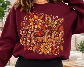 PNG de Outono Agradecido, PNG de Ação de Graças com Strass, Design de Camiseta de Outono com Miçangas, Sublimação de Girassol e Borboleta, Download Digital de Outono Brilhante
