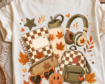 PNG de artículos escolares esenciales de otoño, imágenes prediseñadas de mochilas de otoño, sublimación de útiles escolares acogedores, PNG de regreso a clases, estética otoñal linda