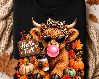 Linda vaca de las Tierras Altas en otoño PNG / Diseño de sublimación de vaca de chicle / Hola otoño vaca de otoño PNG / Gafas de sol de leopardo / Diseño de camiseta acogedora de calabaza