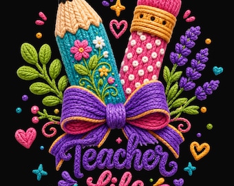 Lindo diseño PNG de profesora / Lápiz y goma de borrar florales con lazo / Sublimación retro para profesoras / Diseño de camiseta de regreso a clases / Descarga instantánea