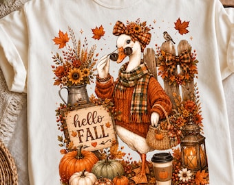 Hola, ganso de otoño PNG / Lindo ganso de otoño con calabaza, suéter acogedor y bufanda / Diseño de sublimación de otoño / Acción de Gracias PNG / Imágenes prediseñadas de otoño /