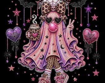 Fantasma de Halloween com Strass PNG, Fantasma de Café com Laço de Leopardo, Design de Sublimação Fofo e Assustador para Menina, Camiseta Brilhante de Halloween PNG