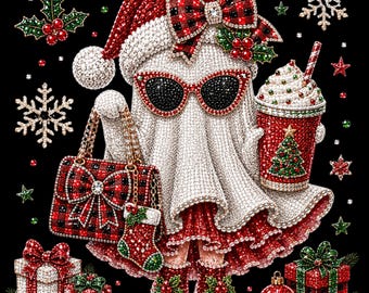 Fantasma de Natal PNG, Fantasma Papai Noel Coquette PNG, Sublimação de Natal Fofa, PNG Xadrez Vermelho de Natal, Design de Camiseta com Fantasma Festivo