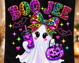 Fantasma fofo de Halloween em PNG, Design de sublimação Boo Jee, Clipart de laço de leopardo, Gráfico assustador de abóbora para copo, Download digital para camisetas