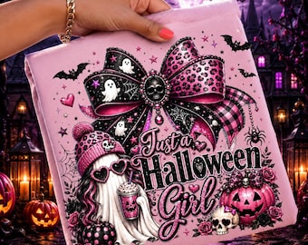 Apenas uma garota de Halloween PNG, Fantasma Rosa Coquette Sublimado, Garota Fofa e Assustadora PNG, Design de Camiseta Moderna de Halloween para Download Digital