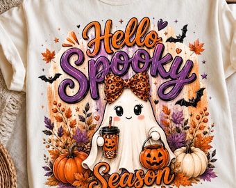 Hola temporada espeluznante PNG Lindo fantasma PNG, Sublimación de fantasma coqueto, Diseño de camiseta de fantasma de Halloween, Café de calabaza PNG, Imágenes prediseñadas de otoño de Halloween
