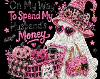 A caminho de gastar o dinheiro do meu marido PNG, Fantasma engraçado de Halloween PNG, Camiseta rosa coquete de Halloween, Sublimação de fio falso com strass