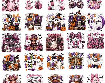 Pacote de PNGs de Halloween | Desenhos fofos de fantasmas para sublimação | Clipart assustador de Halloween com coquete rosa | Download instantâneo de PNG para camisetas