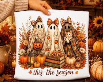 Fantasma de temporada PNG, Fantasma lindo de otoño PNG, Lazo coqueto de Halloween PNG, Fantasma floral de calabaza de otoño, Diseño de sublimación