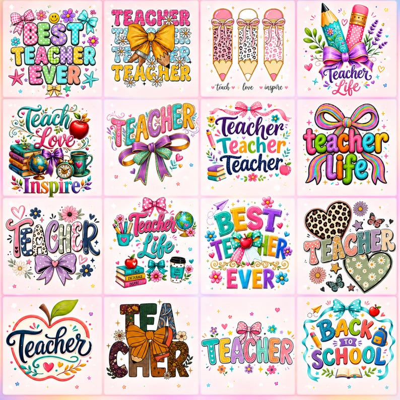 May include: A collection of sixteen square digital graphics featuring teacher-themed designs. Each square displays colorful illustrations of pencils, apples, books, globes, bows, and hearts, accompanied by text such as Best Teacher Ever, Teacher Life, and Back to School in various fonts.