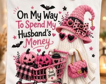 A caminho de gastar o dinheiro do meu marido PNG, Fantasma rosa de Halloween em fio falso PNG, Sublimação de bruxa fantasma coquete, Compras fofas e assustadoras