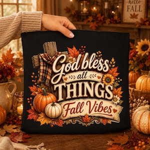 May include: A black fabric item featuring a graphic print of a wooden cross draped in a plaid scarf, surrounded by orange and white pumpkins, autumn leaves, and sunflowers. The text reads God bless all THINGS Fall Vibes in decorative lettering.