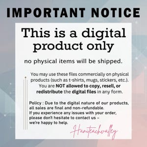 May include: A white digital product notice with black text stating: IMPORTANT NOTICE, This is a digital product only, no physical items will be shipped. It outlines commercial use permissions, redistribution restrictions, and a no-refund policy.