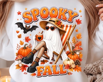 Fantasma espeluznante de otoño PNG, lindo fantasma de Halloween con café, diseño de sublimación de calabaza de otoño, camiseta de fantasma boho PNG, descarga digital