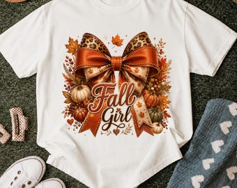 Chica de otoño PNG, Coqueta lazo de otoño PNG, Sublimación de calabaza de otoño, Clip art de otoño con lazo de leopardo, Lindo diseño de camiseta de otoño PNG