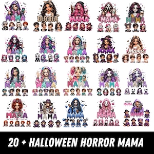 Può includere: Una collezione di venti illustrazioni digitali con personaggi femminili stilizzati e piccole figure, ognuna con la parola MAMA in vari caratteri e colori. I design incorporano elementi a tema horror, motivi e diversi abbigliamenti.