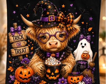 Vaca das Terras Altas de Halloween PNG, Chapéu de Bruxa com Vaca Assustadora, Abóbora Fantasma para Doces ou Travessuras (Sublimação), Estampa Fofa para Camiseta de Outono