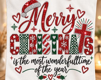 PNG de Natal Brilhante, PNG de Feliz Natal com Strass, Design de Camiseta de Natal Rosa, Vermelha e Verde, PNG de Sublimação de Natal