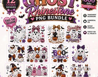 Paquete de PNG de fantasmas con diamantes de imitación, PNG de fantasmas lindos de Halloween, Mamá espeluznante, Vibras de Boo, Esta es la temporada, Diseño de sublimación,