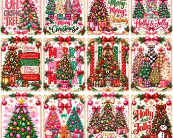 Pacote de PNGs de Árvore de Natal, PNG de Natal Pink Coquette, Sublimação de Laço Retrô Preppy, Design de Camiseta Feminina para as Festas, Download DTF