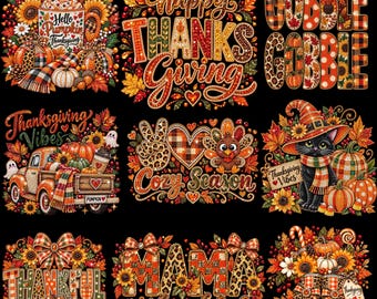 Pacote de PNGs para o Dia de Ação de Graças, Estampas de Camisetas com Strass para o Outono, Sublimação de Abóbora Xadrez, Download Digital para o Dia de Ação de Graças