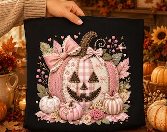 Calabaza rosa coqueta de Halloween PNG, Clip art de lazo de calabaza de Halloween en tonos pastel, Calabaza floral otoñal linda, PNG de sublimación
