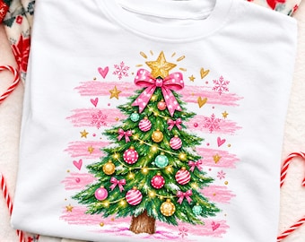 PNG de árvore de Natal rosa, árvore de Natal com laço, sublimação rosa para as festas de fim de ano, estampa para camiseta natalina estilo preppy, clipart de árvore de Natal