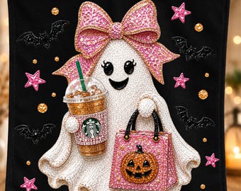 Fantasma de Halloween com Strass PNG, Abóbora de Café Fantasma com Laço Rosa, Design Assustador e Coquete para Sublimação, Camiseta Feminina de Halloween PNG