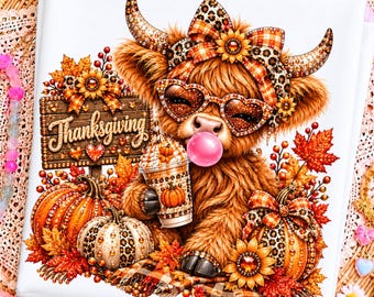 Vaca de las Tierras Altas de Acción de Gracias PNG, Vaca de Otoño PNG, Sublimación de Calabaza Especiada, Diseño de Lazo de Leopardo de Otoño, Camiseta de Vaca Linda Descarga Digital
