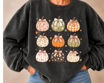 Paquete PNG de calabaza coqueta, imágenes prediseñadas de calabaza con lazo rosa, sublimación de calabaza de otoño, PNG de calabaza floral, linda calabaza de otoño, PNG de Acción de Gracias