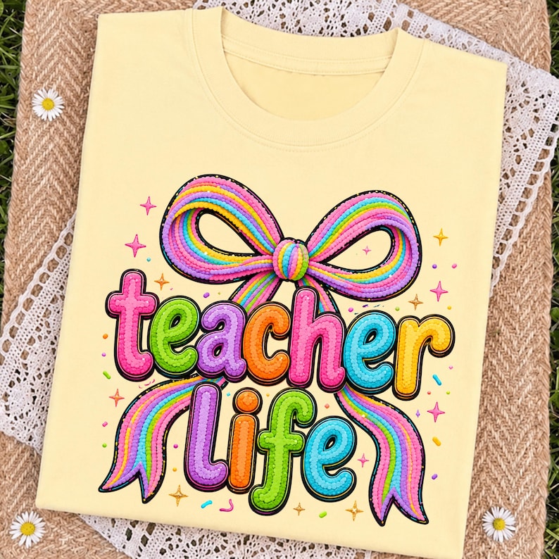May include: A pale yellow t-shirt featuring a graphic print of a large, multi-colored rainbow bow above the text "teacher life" in a bubbly, textured font. The design includes small star shapes and colorful sprinkles scattered around.