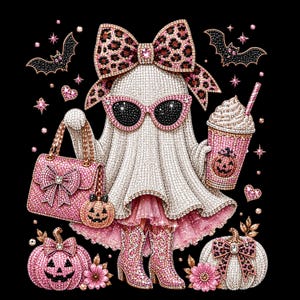 May include: A rhinestone-covered ghost figure wearing a large leopard print bow, pink cat-eye sunglasses, and pink boots. The ghost holds a pink handbag with a bow and a pink drink with a pumpkin icon. Two pumpkins and bats surround the figure.