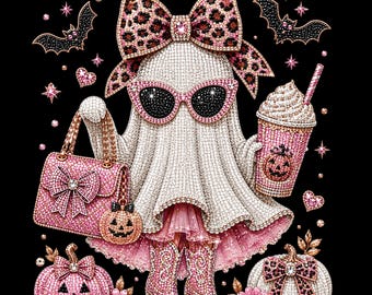 Fantasma lindo con diamantes de imitación PNG, Coqueta de Halloween PNG, Fantasma rosa con lazo de leopardo, Sublimación de café con calabaza brillante, Diseño de camiseta de Halloween para chicas