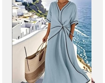 Cotton Linen Blend Maxi Dress, Summer Beach Dress, Casual V Neck DressVacation Outfit Women