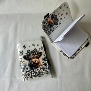 Highland Cow Mini Notebook Cover with Pen | Refillable Journal Holder, Floral Butterfly Design