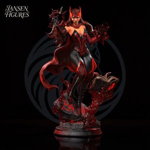 May include: A detailed figurine of a character with long dark hair wearing a red headpiece, a red and black corset-style outfit, and black boots. The figure stands on a dark base with an open book, surrounded by red energy effects and text JANSEN FIGURES.