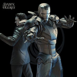 May include: A detailed sculpture of Iron Man in his silver armor, with a second figure in a suit behind him. The Jansen Figures logo is in the upper left corner. The figures are set against a black background.