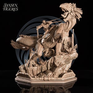May include: A detailed sculpture featuring a figure riding a large, reptilian creature. The sculpture is in a neutral color palette, with the text "Jansen Figures" in the upper left corner. The creature has an open mouth and is posed on a rocky base.