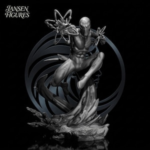 May include: A grayscale sculpture of a superhero in a dynamic pose, with a detailed costume and outstretched arms. The figure is mounted on a textured base with a stylized backdrop. The text "JANSEN FIGURES" is in the upper left corner.