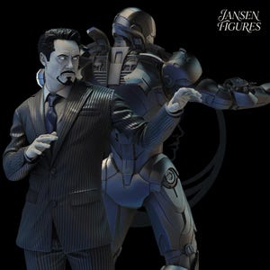 May include: A grayscale figure of a man in a pinstripe suit, with a robotic figure behind him. The man is gesturing with his right hand. The text "Jansen Figures" is in the upper right corner.