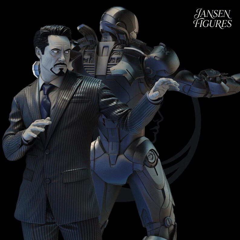 May include: A grayscale figure of a man in a pinstripe suit, with a robotic figure behind him. The man is gesturing with his right hand. The text "Jansen Figures" is in the upper right corner.
