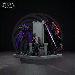 Puede incluir: Un conjunto de figuras detalladas que presenta una figura sentada en un trono, flanqueada por dos figuras blindadas. Las figuras son predominantemente negras con acentos morados. El texto "Jansen Figures" está en la esquina superior izquierda.