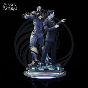 May include: A detailed statue featuring a figure in a suit and a metallic armored figure. The figures stand on a circular base with blue lighting. The Jansen Figures logo is in the upper left corner. The background is black.