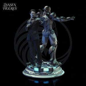 May include: A detailed statue featuring two figures: a man in a pinstripe suit and a metallic armored figure. The figures stand on a circular platform with a glowing blue design. The text "Jansen Figures" is in the upper left corner.