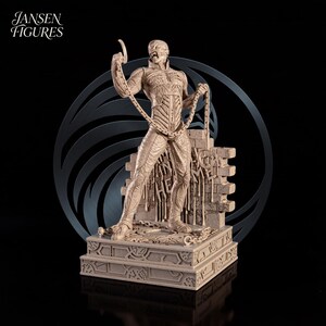 May include: A detailed beige figurine of a humanoid figure holding chains, standing on a decorative base. The figure is posed with one arm raised and is set against a dark background. The text "Jansen Figures" is in the upper left corner.
