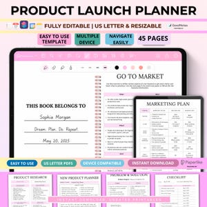 May include: Digital product launch planner with a pink theme. The planner includes sections for product research, a new product planner, problem & solution, and a checklist. The planner is fully editable, US letter size, and resizable.