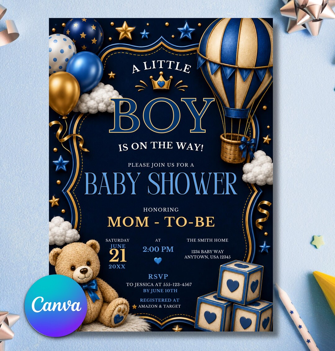 Boy Baby Shower Invitation Template | Blue Teddy Bear Party Card ...