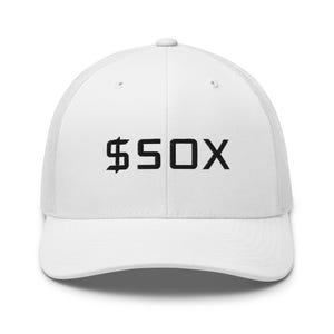 May include: White trucker cap with a curved peak and mesh back. The front displays the text "$50X" in black. A classic hat design, suitable for various casual outfits.