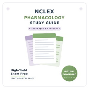 May include: A white background features a study guide titled "NCLEX Pharmacology Study Guide." The guide includes the text "12-page quick reference" and "High-Yield Exam Prep." The image also includes the text "Print & Digital Ready" and "Instant Download."