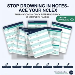 May include: A pharmacology quick reference pack with the text "STOP DROWNING IN NOTES - ACE YOUR NCLEX". The pack includes 5 complete pages with information on drug classes, critical labs, dosage formulas, and practice problems. The pack is an instant download.